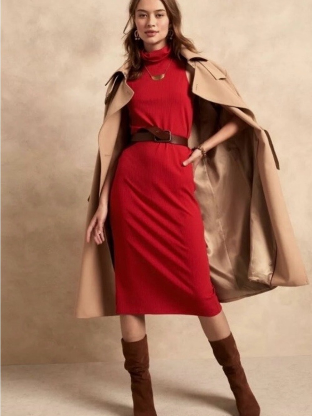 Banana Republic Red Sleeveless Turtleneck Midi Dress